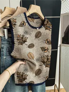 1pc Women's Spring/Summer Casual Back-to-School Loose Crew Neck Sleeveless Knit Top - Dark Blue Trim, Color-Block Leaf Print, Vest-Layerable Womenswear