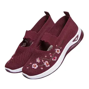 Elderly Women's Floral Embroidered Mary Jane Shoes Breathable Knit Slip-On Non-Slip Comfort Walking Shoes for Daily Wear