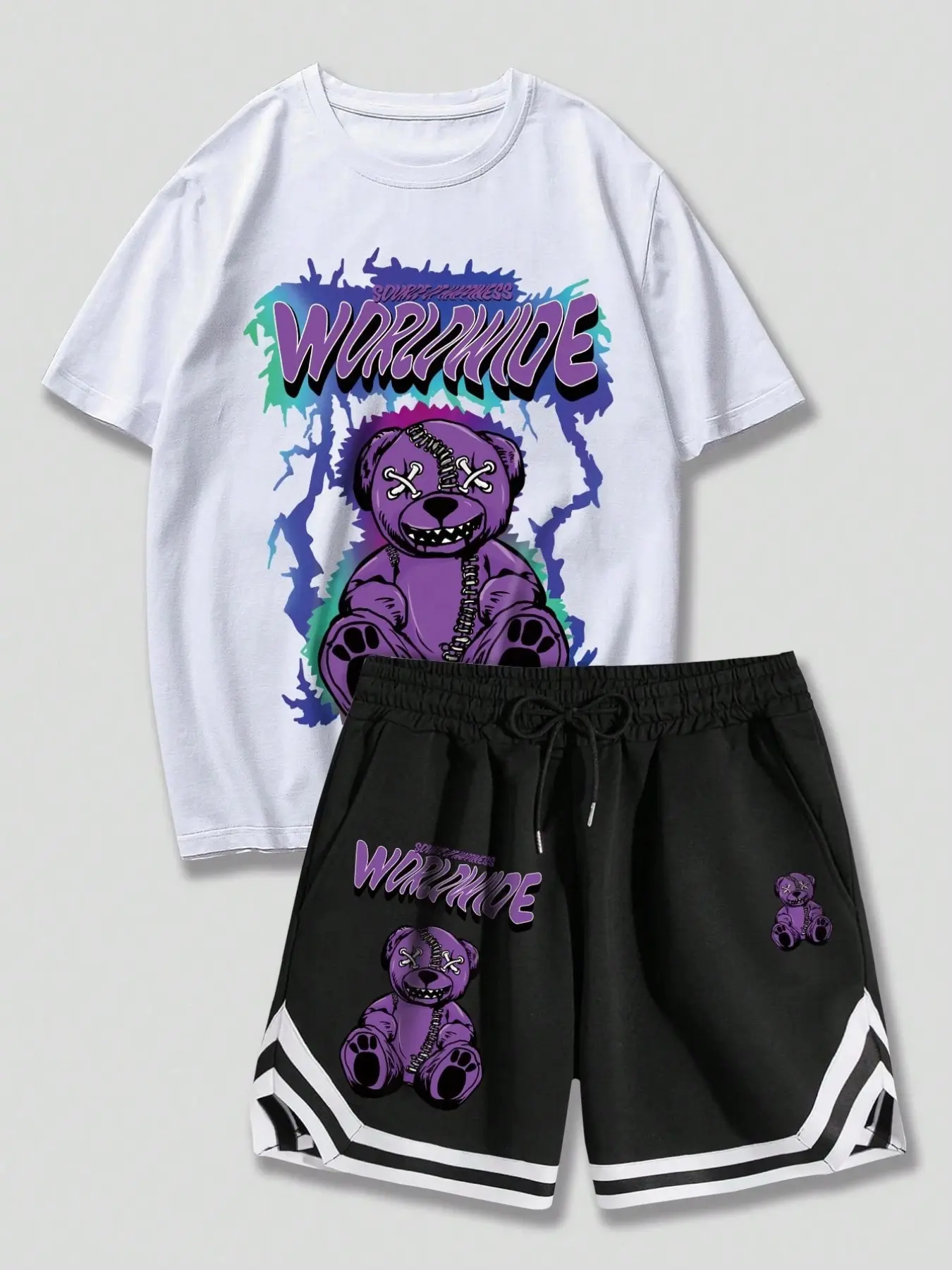 Y2K Cyber-Grunge Oversized Graphic Tee and Shorts Set – Purple Stitched Teddy Bear & Lightning Print Streetwear Outfit Sets for Men & Women, Loose Fit Summer Casual Wear.