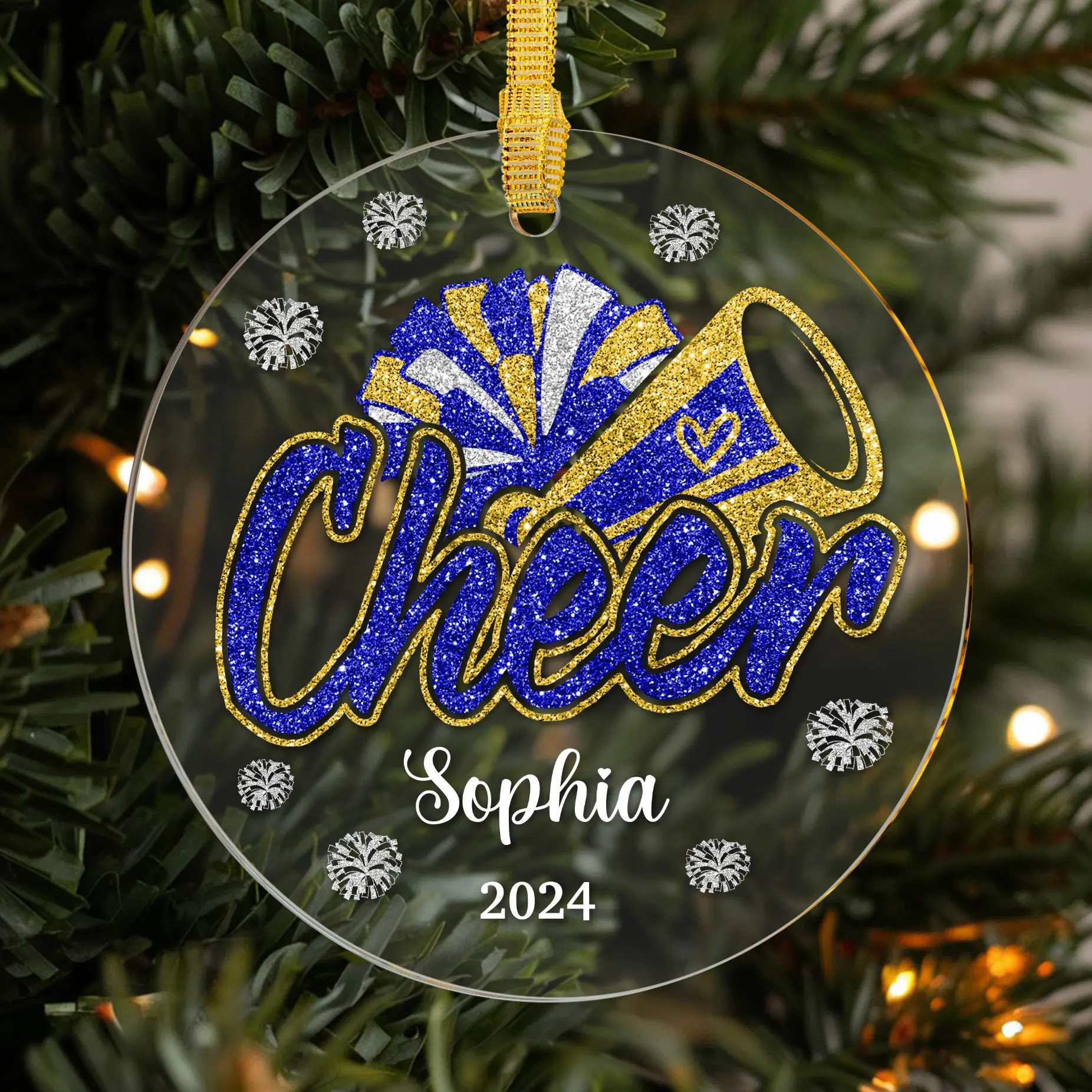 Personalized Cheerleading Christmas Ornament, Custom Glitter Cheer Design With Megaphone And Pom-poms, Perfect Gift For Cheer Enthusiasts And Team Spirit