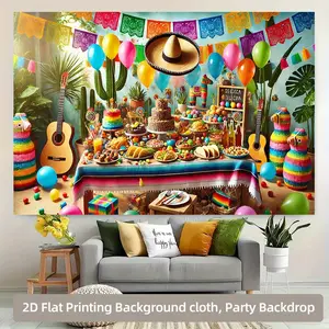 2D Flat, 1pc Vibrant Mexican Festival Party Backdrop Banner - Durable Polyester Photography Background with Tacos, Cacti & Sombreros Design for Birthdays, Anniversaries, Weddings - No Power Needed, Easy to Hang Wall Decor, Mexican Party Decorations,