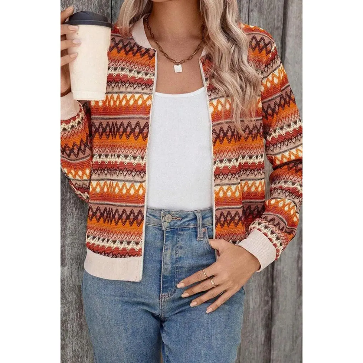 Orange Boho Striped Zip up Long Sleeve Jacket