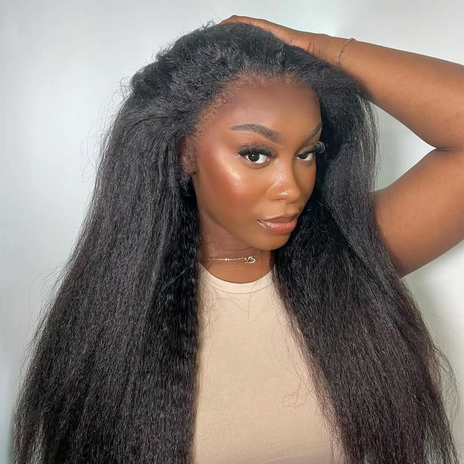 [3 In 1 Half Wig] Half Wig Kinky Straight Flexi-Fit Invisi 3 in 1 Wigs Flip Drawstring Wig 180% Density Glueless Wigs 100% Human Hair Natural Black Re
