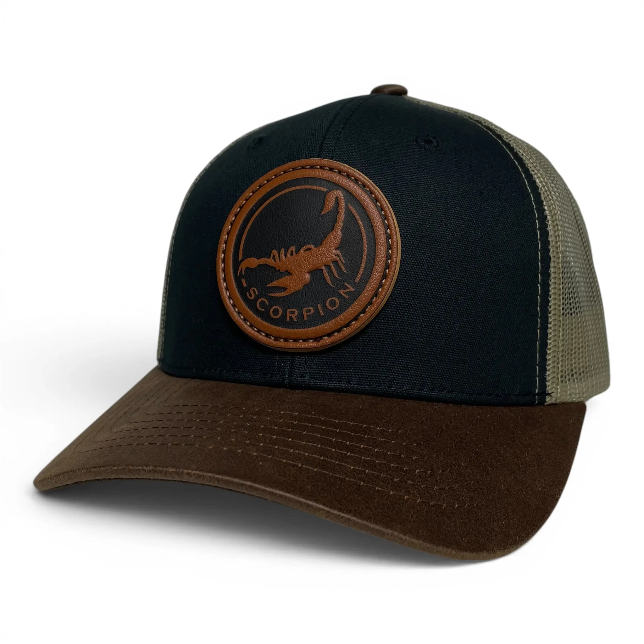 Scorpion Leather Patch Trucker Hat, Snapback, Canvas Curved Brim