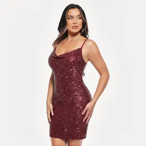 Popilush Burgundy Sequin Cowl Neck Spaghetti Strap Bodycon Mini Dress Sparkly Party Cocktail Dress for Women Formal Elastic - Creator Live
