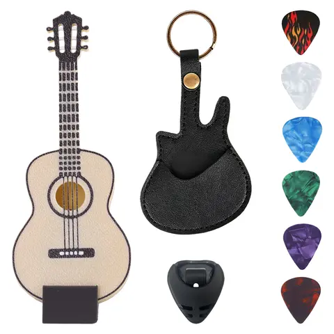 RRAYIA Decorative Guitar Pick Holder Case - 2-in-1 Guitar-Shaped Compact Storage Box with Display Stand, 4.3in x 1.7in Portable Pouch, Ideal for Musicians’ Desk, Gigs, Instrument Bags