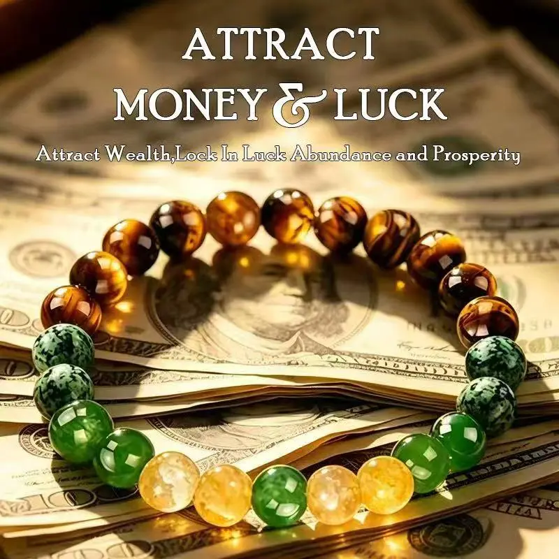 Petralune wealth bracelet featuring natural Dongling jade stone, yellow quartz, green quartz, and tiger’s eye—a lucky bracelet that attracts wealth, prosperity, and abundance; a blue friendship beaded protective bracelet, ideal for gifting.
