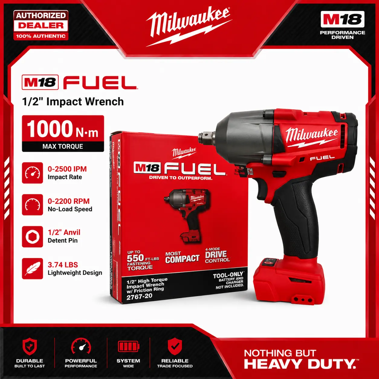 Milwaukee 2767-20 M18 FUEL 1/2" High Torque Cordless Impact Wrench - Brushless Motor, 3-Mode Drive Control, 1000 Nm Power Tool for Hardware Repairs
