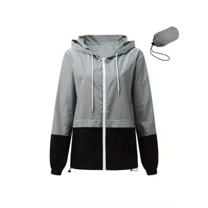 ColorBlockHoodedWindbreaker-PackableWomen'sRainJacketwithDrawstring
