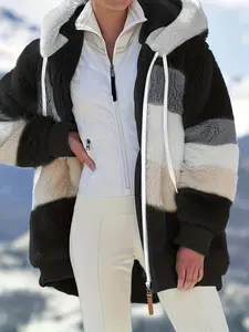 Fall and Winter Plush Patchwork Zipper Pocket Hoodie Coat for Women, Loose Fit Plus Size Outerwear, Cozy and Stylish Warm Jacket, Faux Fur Coat