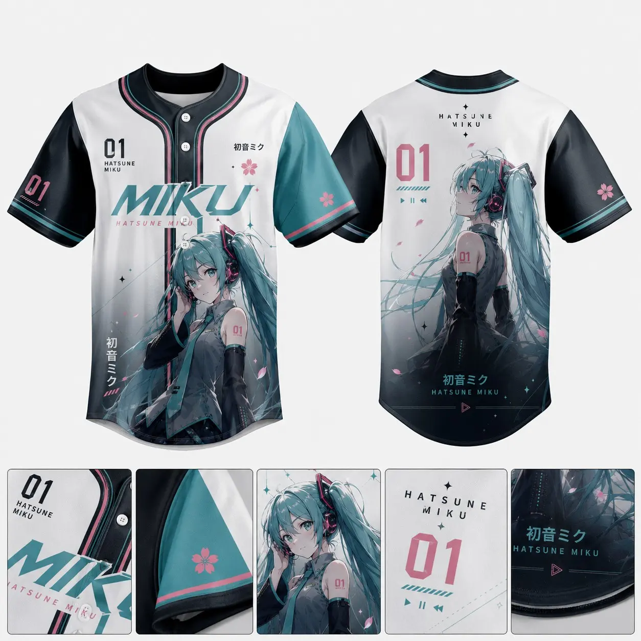 Hatsune Miku Anime Baseball Jersey Button Down Streetwear Shirt, Premium Ultra-Soft Breathable Polyester, Double-Sided Cyberpunk Vocaloid Cosplay Tee Graphic Otaku Gift
