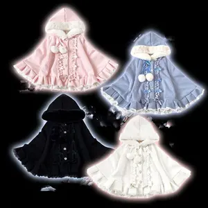 y2k Japanese Viange Outerwear Clothing Warm Bow Ruffles Hooded Ponchos Lolita Style Sweet Kawaii Capes Coat Women Autumn Winter