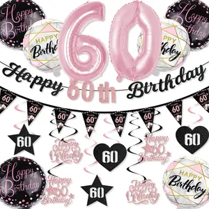 60th Birthday Decorations Set, & Glitter Banner, 60 Number Foil Balloons, Hanging Swirls & Pennant Bunting, Party Event Props, Party Supplies