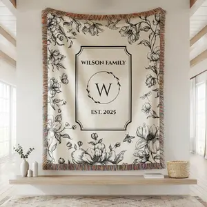Personalized Family Name Woven Floral Blanket, Mongorammed Blanket 100% Cotton, Gift for Her