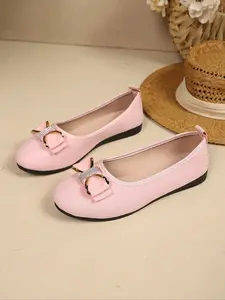 Women's Pink Rhinestone Bow Round Toe Flat Shoes, Sweet Style Slip-On Pumps