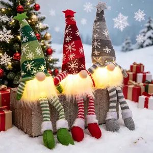 Light Up Christmas Gnomes Plush Ornaments Knitted Snowflake Faceless Santa Gnome with LED Lights Long Leg Xmas Table Decor Home Holiday Party Window Fireplace Decoration Gift