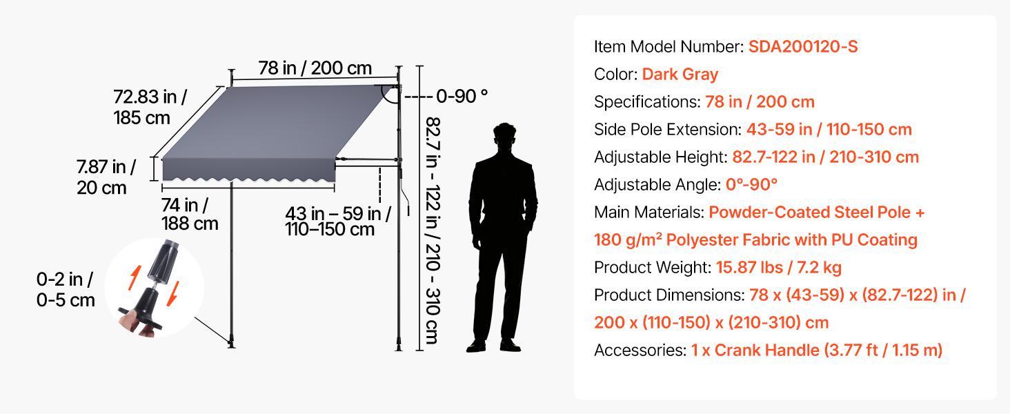 VEVOR Sturdy Manual Retractable Awning, 78" Polyester Parasol Canopy Sun Protection Shelter, Height-Adjustable with Crank Handle for Backyard, Garden - Canopies & Shade Retractable Roof Parasol#BackToSchool
