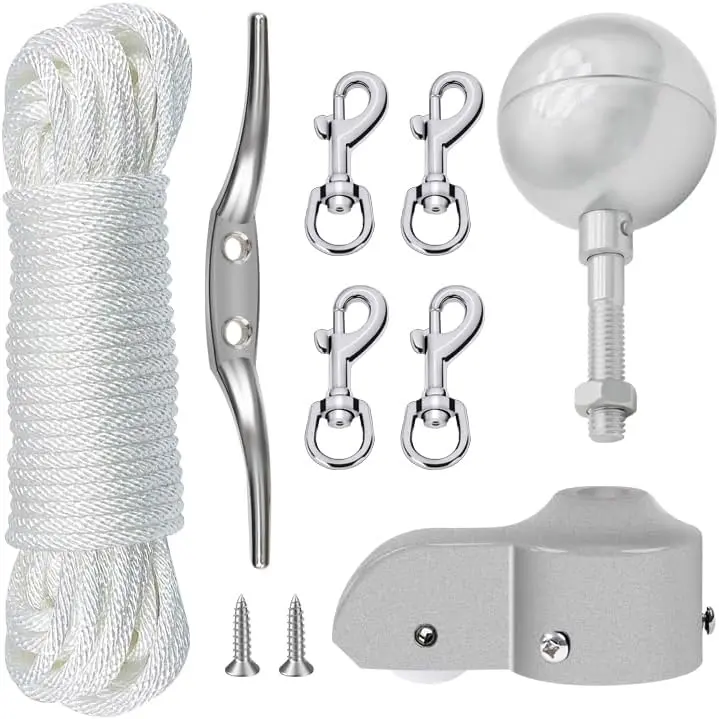 Flagpole Hardware Repair Parts Kit,50  Halyard Rope+3"  Ball+6" Zinc Alloy Cleat+4 Metal Swivel Snap Clips+Aluminum Alloy Flagpole  with Nylon Pulley for 1.6"-2" Flag Poles