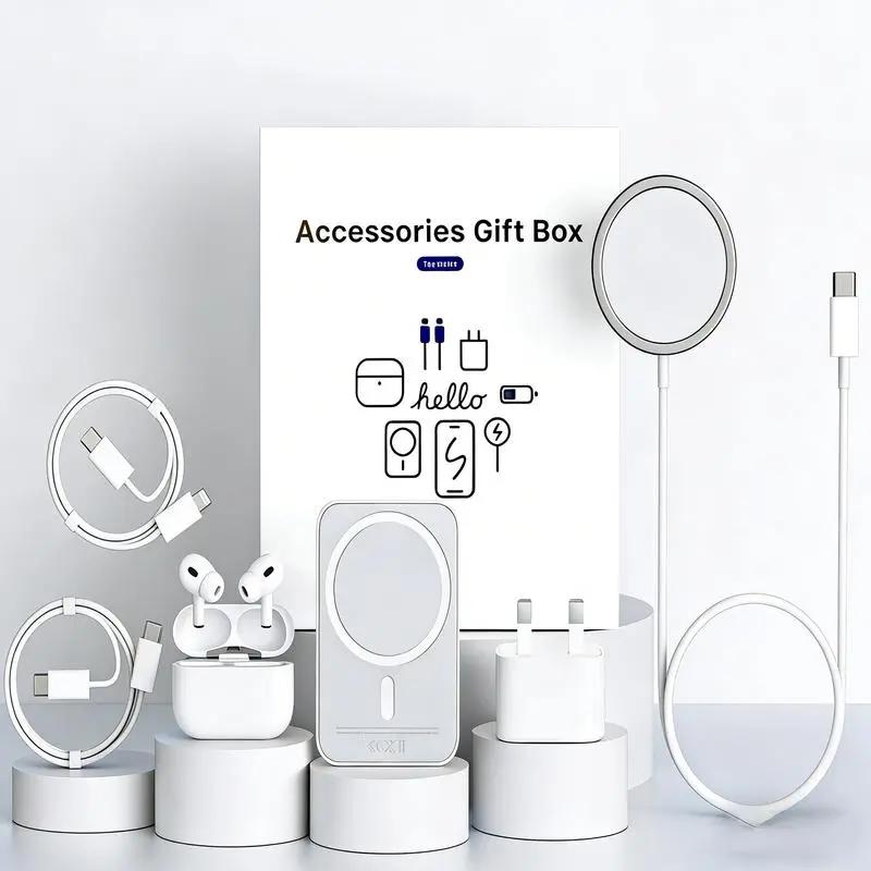 【Upgraded 6-in-1 Power Bank Travel Kit】20W Fast Charge Power Bank, Wireless Charger, Bluetooth 5.3 Earbuds, Type-C & Lightning Cables, Adapter, Enhanced Magnetic Ring, Compact & Portable, Travel Set Compatible with iOS & Android devices，Travel essentials