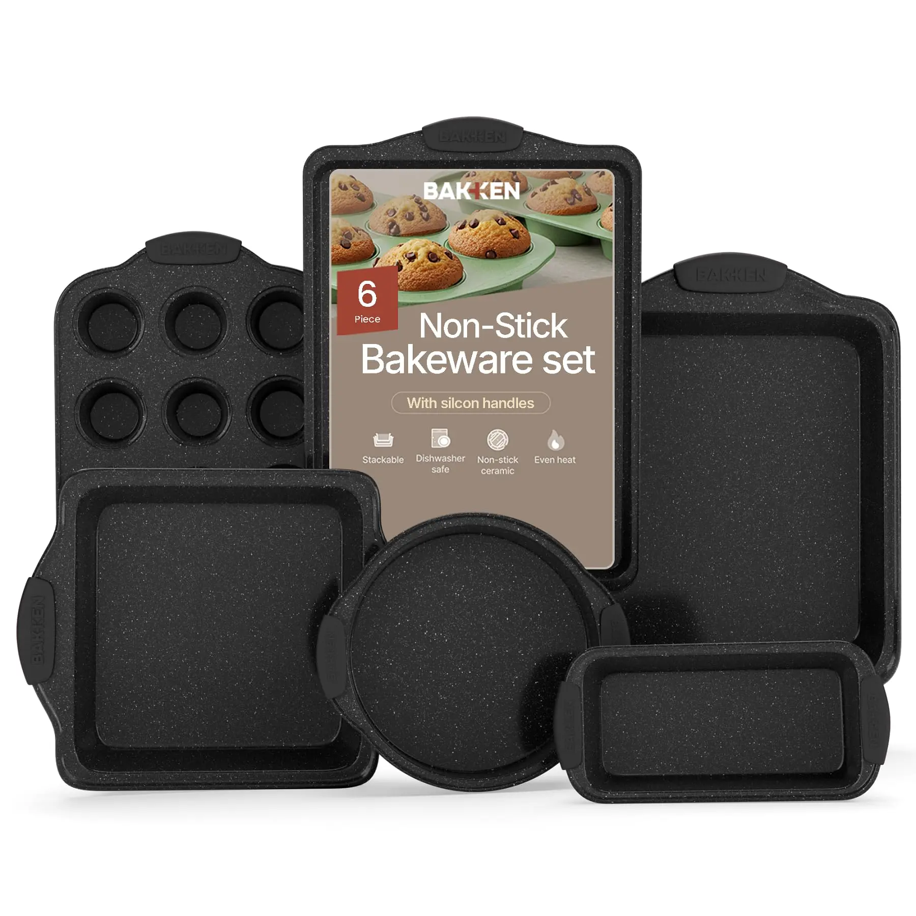 6-Piece Nonstick Gray Marble Coated Bakeware Set - Professional Quality Carbon Steel Pans with Silicone Handles - Ideal for Oven, Refrigerator, Freezer - Dishwasher Safe