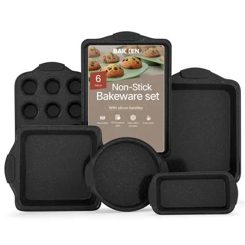 6-Piece Nonstick Gray Marble Coated Bakeware Set - Professional Quality Carbon Steel Pans with Silicone Handles - Ideal for Oven, Refrigerator, Freezer - Dishwasher Safe, Kitchenware, Baking Supplies
