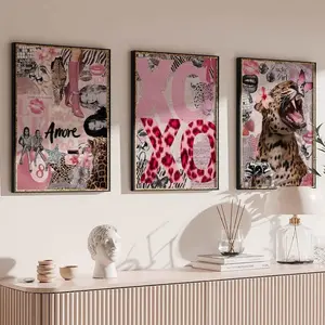 Poster Fashion Stylish Wall Art Print Trendy Pink Leopard Roar Print Set of 3 Pink Cheetah Prints Trendy Aesthetic