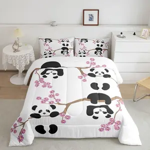 Feelyou Panda Quilted Duvet Set - Cherry Blossom Flower Branch Cartoon Bedding Set with Soft Blanket, Bedroom Blanket for Kids Teens