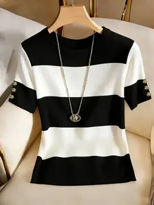 2026 Early Summer New French Lazy Chic Style Wide Striped Short Sleeve Knit T-Shirt, Slim Fit Round Neck, Elegant Metal Button Details