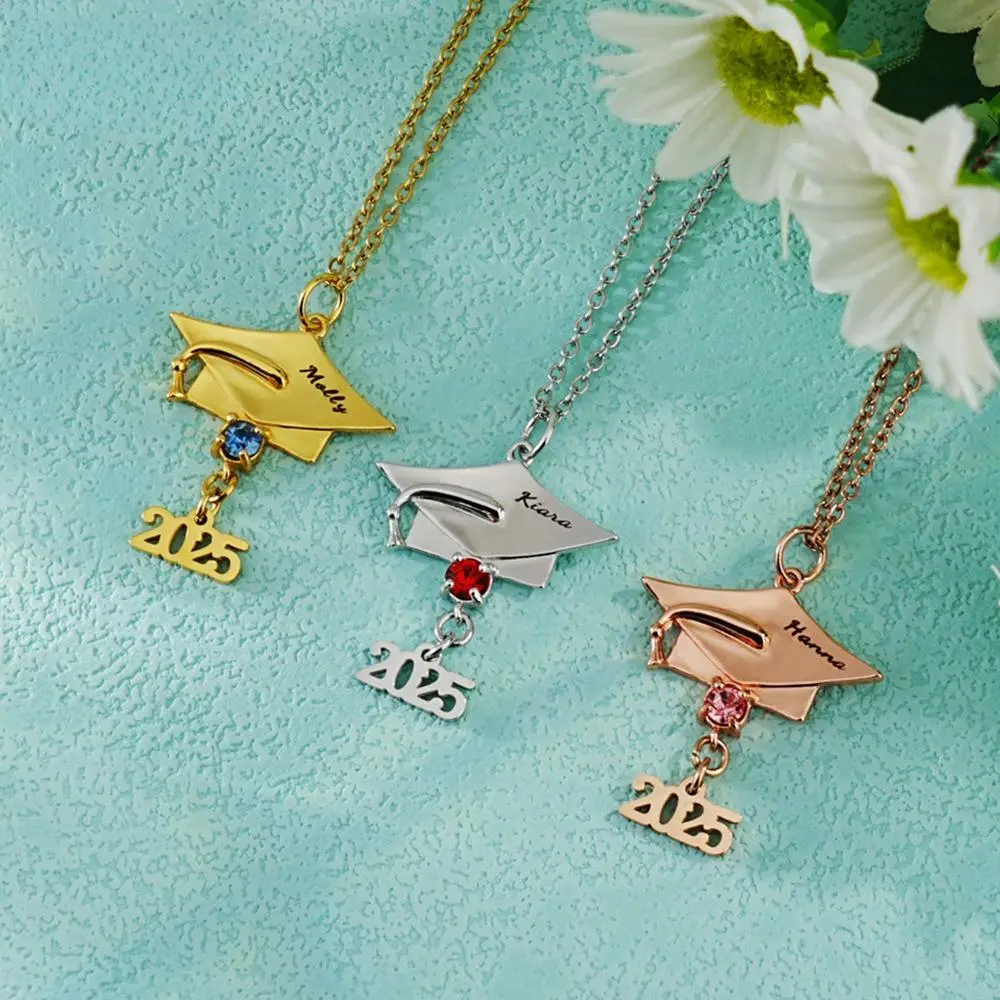 AS261 Engraved Name Necklace - Personalized with Graduation Year, Birthday Stone, Scholar Hat Pendant, 2026 New Graduation Season Casual Gift for Family, Engraved Name Necklaces, Charm Necklace