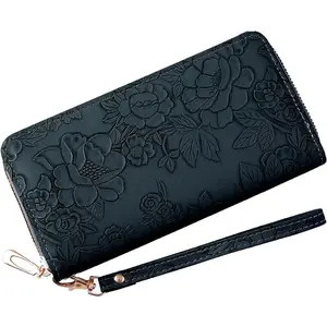 Womens Wallet RFID Wristlet Wallet for Women Cute Floral Leather Credit Card Holder Wallet Ladies Clutch Long Purses