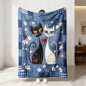 1 piece of patchwork, sewing style, lovers, cats, caring elements, skin-friendly, soft, machine-washable blanket, suitable for offices, home, travel and camping, suitable for all seasons, flannel fabric, sofa blanket, bed blanket, Valentine's Day gift