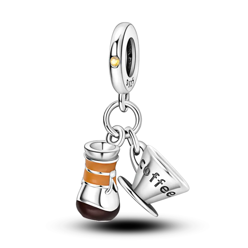 MULA Silver-Plated Coffee Culture Pendant Charm - Enamel, CZ Chemex Brewer, Coffee Cup Details - Casual Women's Costume Jewelry Charm for Bracelets, Barista Gift