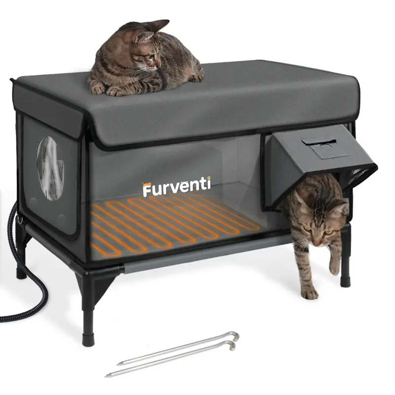 Clawsable Indestructible Heated Cat House for Outside Cats Winter, 100% Weatherproof, Safe Escape Door, Insulated Outdoor Cat Shelter with Heater for Feral Barn Stray Cat Kitten