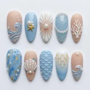 Mermaid Ocean Press On Nails | 3D Coral Shell Starfish Nail Set | Blue White Summer Beach Wedding Nails for Beaches, Summer, Holiday, Vacation, Birthday