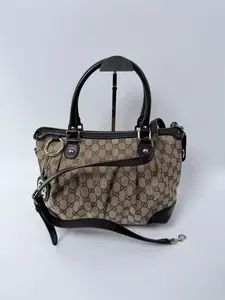 Pre-owned GUCCI GG GG Canvas + Leather Trim Shoulder Bags Canvas Small Bag Beige Black JA602GG