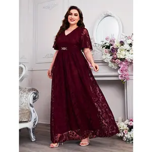 Women's Plus Size Solid Floral Lace Swing Maxi Dress - Elegant Cinched Waist Flutter Sleeve V Neck - For Party & Banquet -  Suitable for Plus Size Women - Perfect Gift for Special Occasions