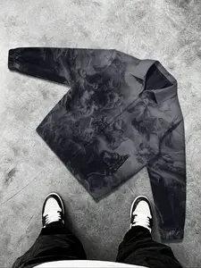 Men's Printed Long Sleeve Jacket with Artistic Patterns, Unique Retro Style Collar + Zipper Design, Trendy & Vintage Fashion Outerwear Coats, Menswear