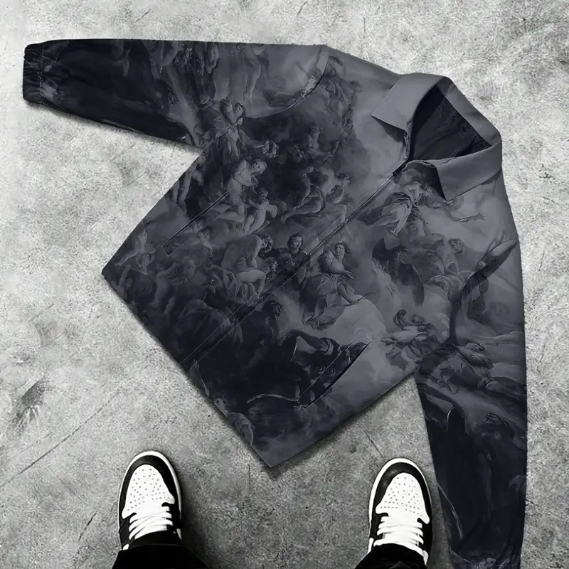 Men's Printed Long Sleeve Casual Collared All Season Jacket with Artistic Patterns, Unique Retro Style Collar + Zipper Design, Trendy & Vintage Fashion Outerwear Coats, Menswear