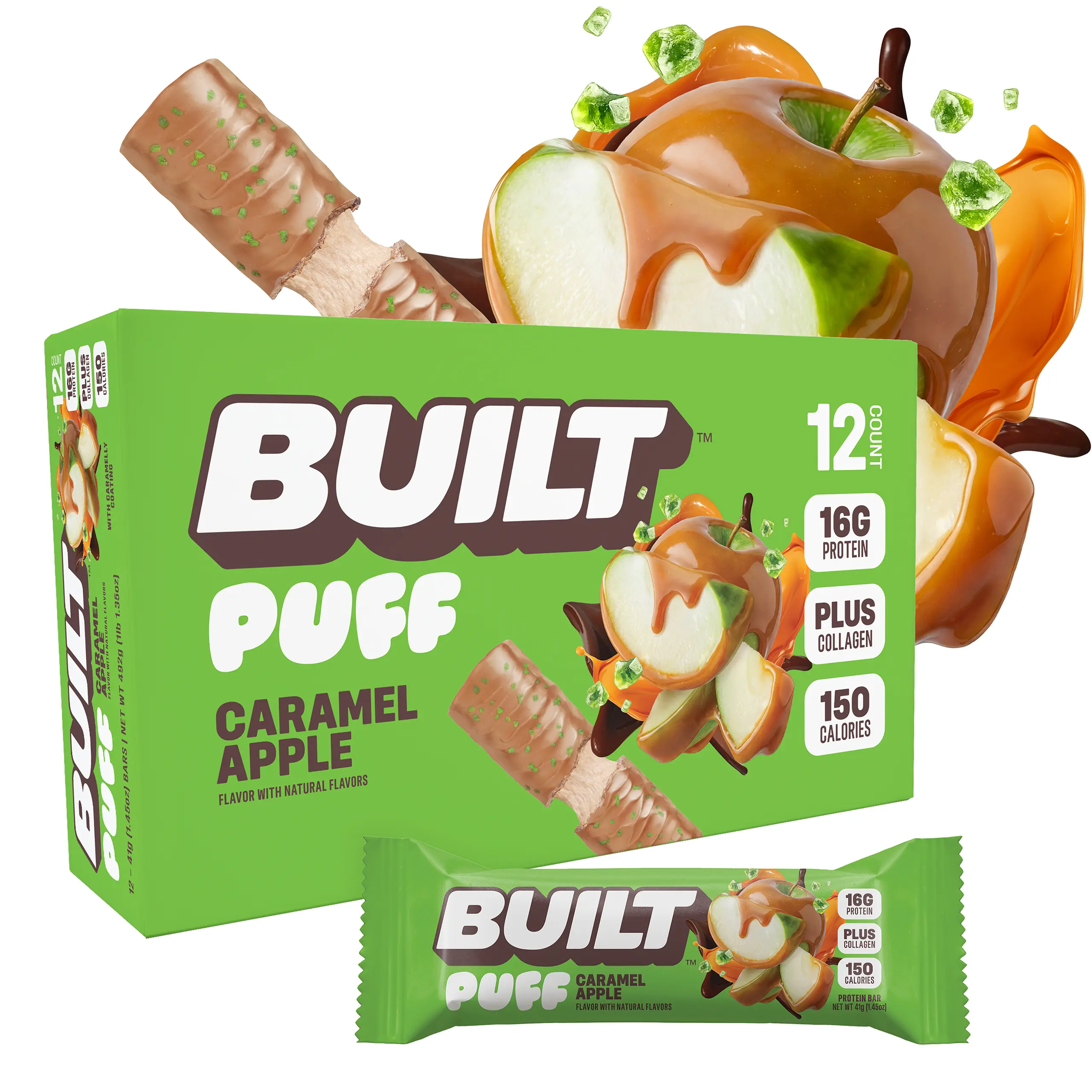 Official BUILT Bar, Puff Protein Bar Snack, Caramel Apple, Protein Packed Snack, Collagen, 150 calories, Gluten Free
