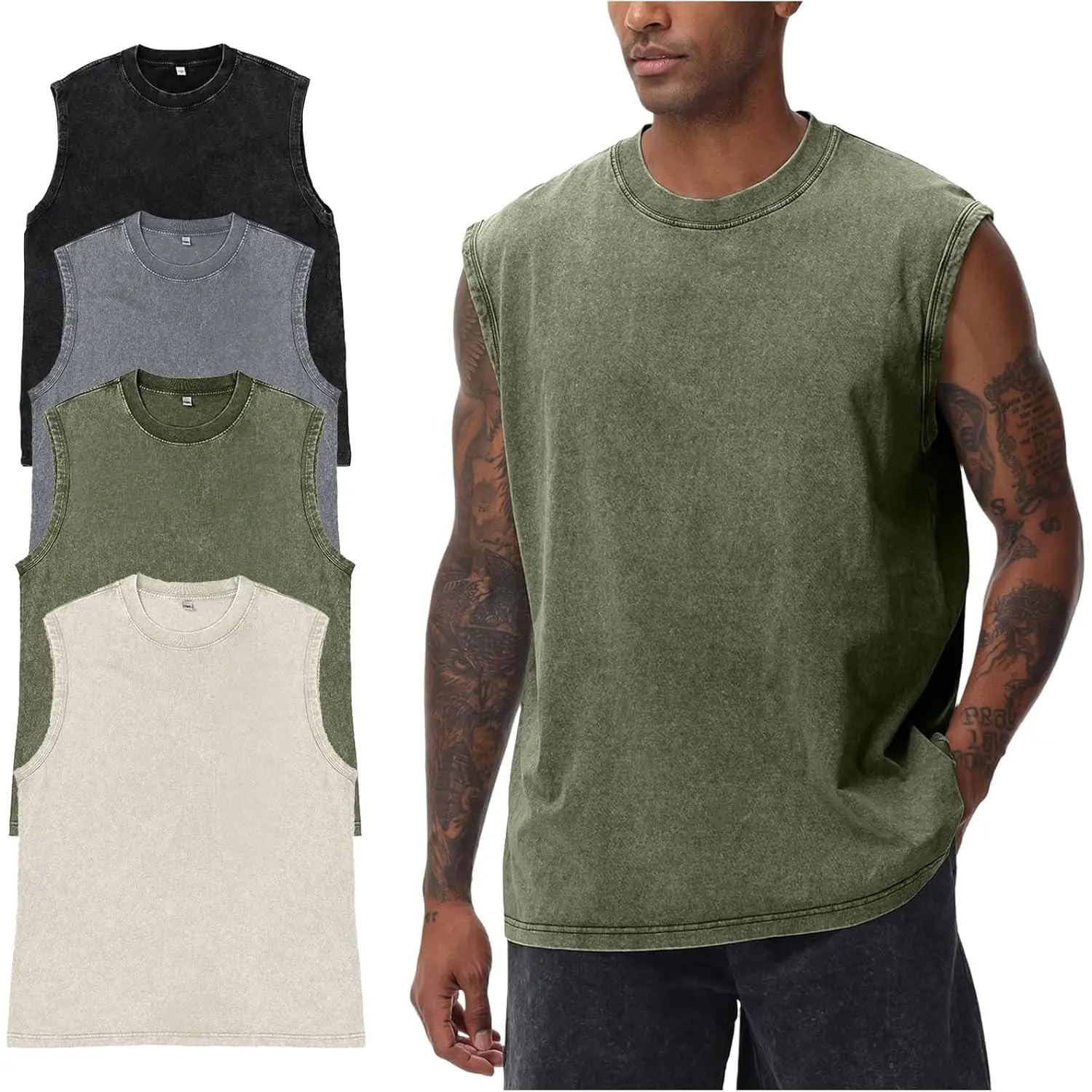 Gihuo 4PCS Mens Tank Tops Workout Sleeveless Shirts Acid Wash Cotton Tees Loose Gym Muscle Shirts