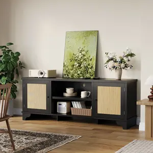 Natural Oak Boho Rattan TV Stand, Stylish Modern Entertainment Center with Ample Storage, Chic Bohemian Media Console Table Designed for 65 to 70 Inch Televisions, Cozy Accent Furniture for Living Room Decor