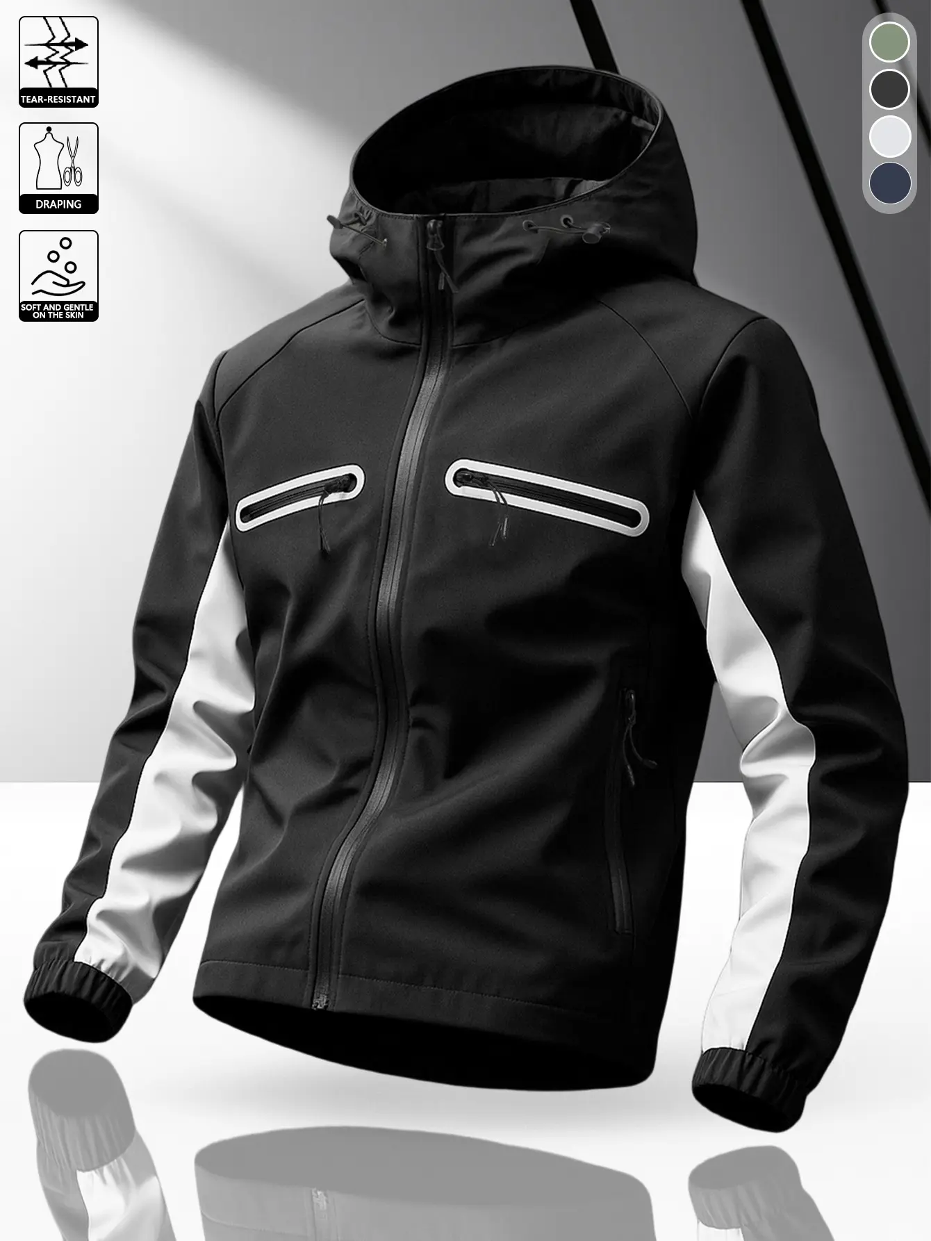 Men’s color-block spliced hooded windproof softshell jacket; fabric is wear-resistant, skin-friendly, and drapes well. Windproof and water-repellent, lightweight and breathable. Full-zip jacket equipped with storage pockets, an adjustable drawstring hood,