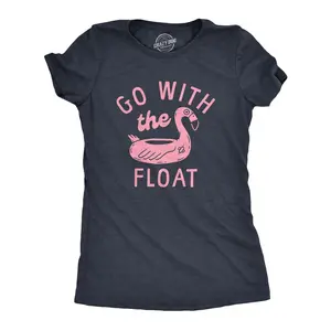 Womens Go With The Float T Shirt Funny Pink Flamingo Pool Floatie Joke Tee for Ladies Funny Womens T Shirts Cute Vintage Fashion Casual Ladies T-Shirt Gift Funny Sarcastic Top Women's Novelty Tees Navy -
