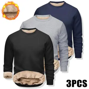 3PCS Fleece Lined Men's Thermal Pullover Sweatshirt Long Sleeve Crew Neck Comfortable Warm Winter Fall Fleece Sweater