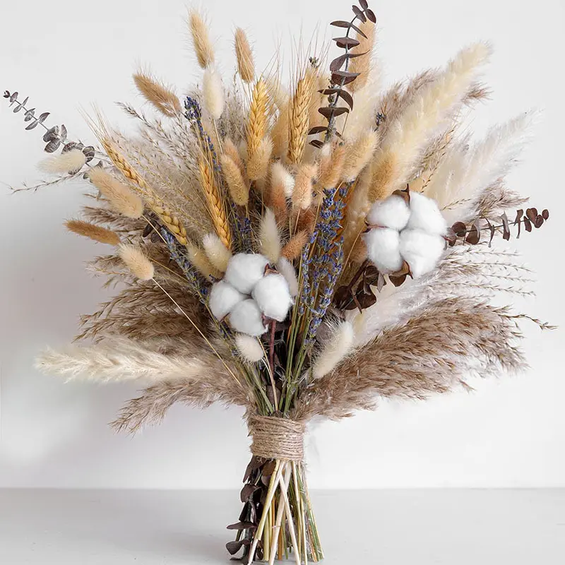 120PCS Fall Dried Flower Bouquet, 16.9in Pampas Grass Arrangement with Cotton Stems, Eucalyptus, Lavender and Bunny Tails for Vase and Boho Home Decor