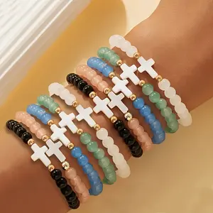 10pcs Elegant Cross Glass Bead Bracelet Set, Multi-layer Elastic Wristband Accessories, Suitable for Daily Wear And Party Occasions