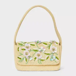 Floral Embellished Beaded Flap Shoulder Bag - A