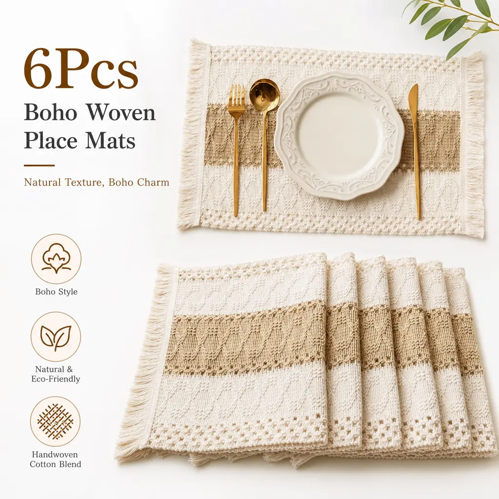 6-Piece Square Burlap Placemats & Coasters - Boho Macrame Natural Cotton Kitchen Decor with Hollow Stripes, Rustic Dining Table Graduation Centerpiece Accents