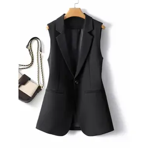 Women's Solid Button Lapel Vest Blazer, Elegant Formal Fashion Sleeveless Outerwear for Work Office Business, Ladies Spring & Fall Clothes