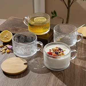 Vintage Textured Glass Mugs Set Sunflower Hobnail Pattern With Bamboo Lids Spoons Yogurt Oatmeal Bowl Hot Cold Drinks Home Gift For Family